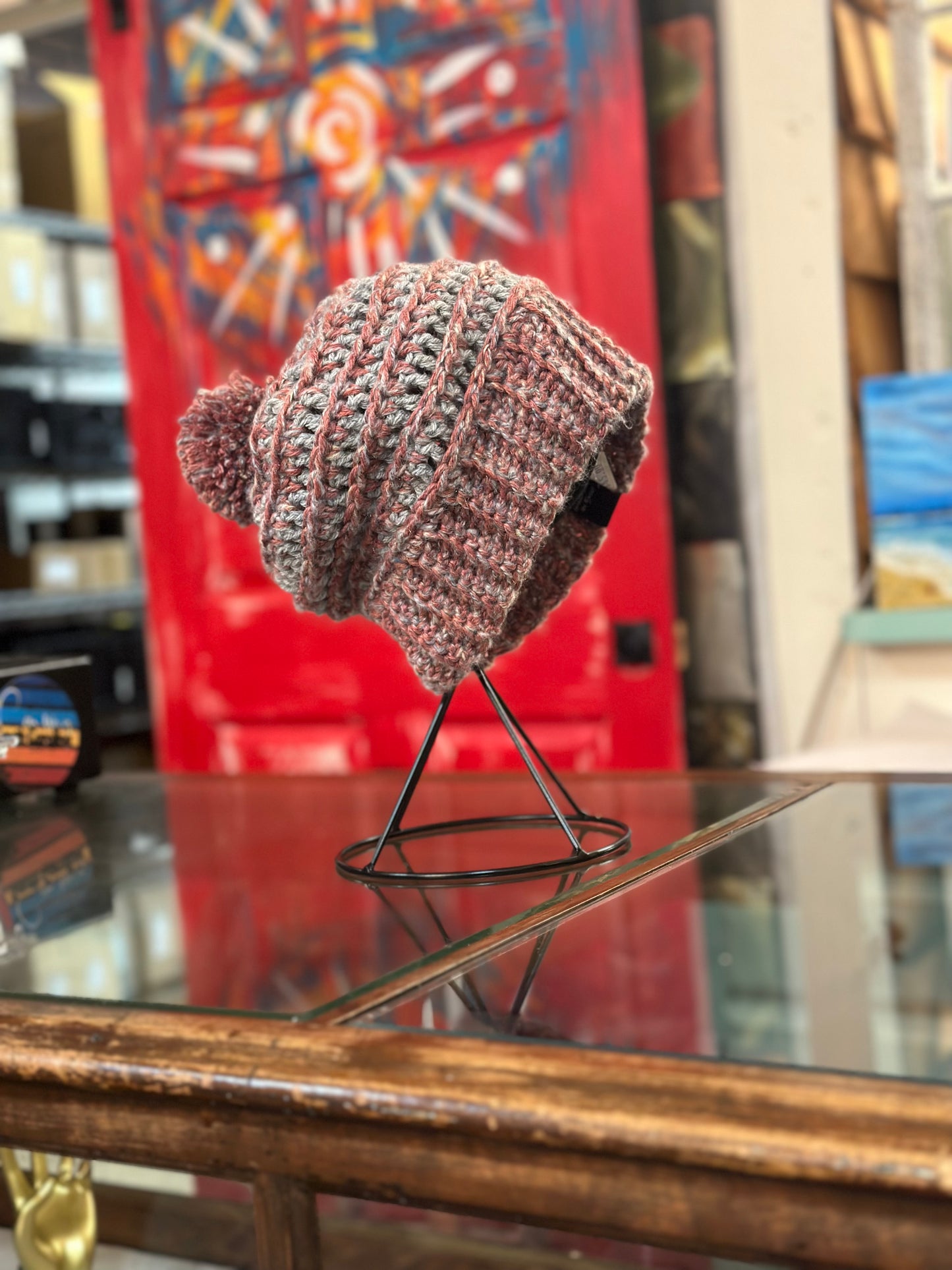 Pink and silver Pom Pom Hand Crochet Hat