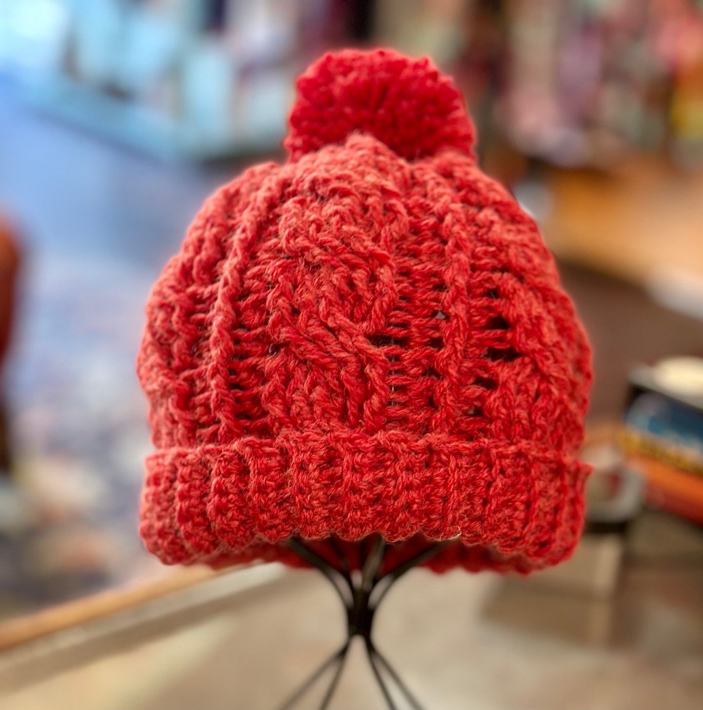 Yack and Wool Blend Red Pom Pom Hand Crochet Hat