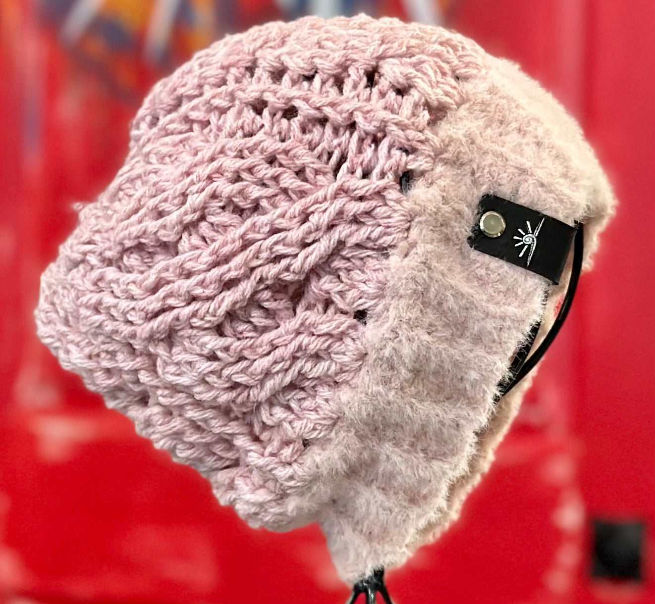 Silky Edge Pink Crochet Cable hat with Pom Pom