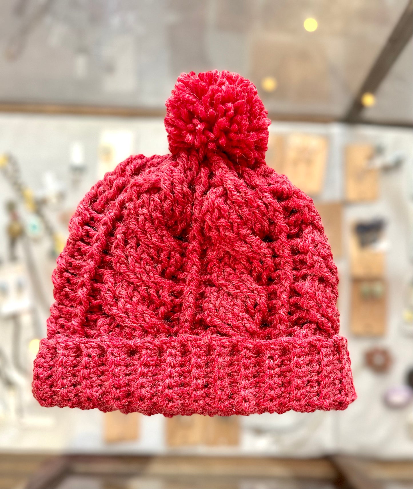 Yack and Wool Blend Red Pom Pom Hand Crochet Hat