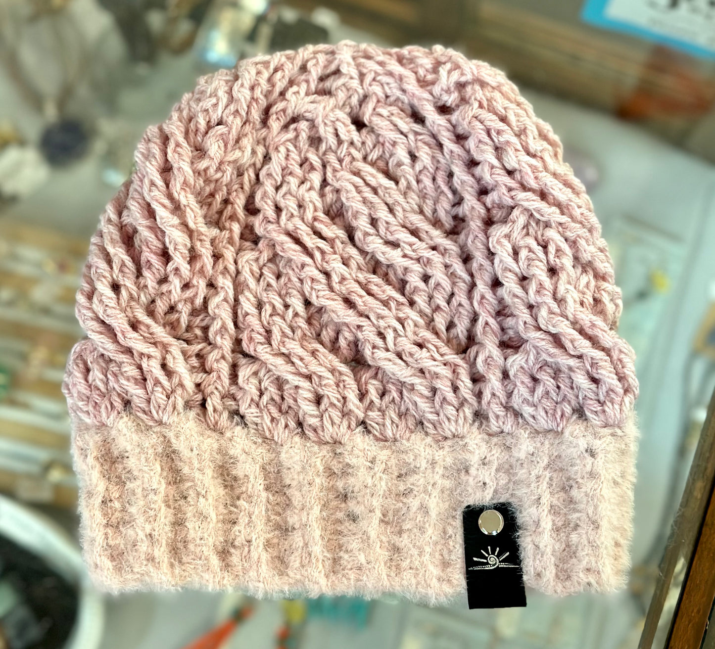 Silky Edge Pink Crochet Cable hat with Pom Pom