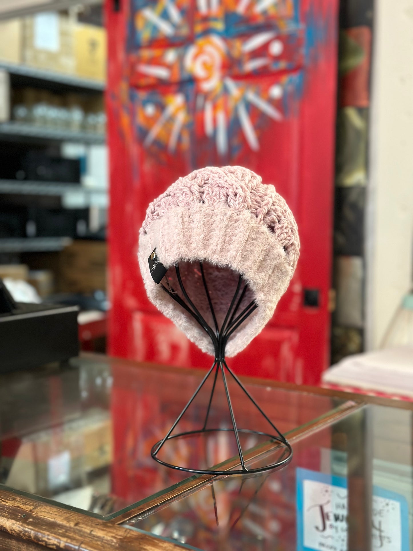 Silky Edge Pink Crochet Cable hat with Pom Pom