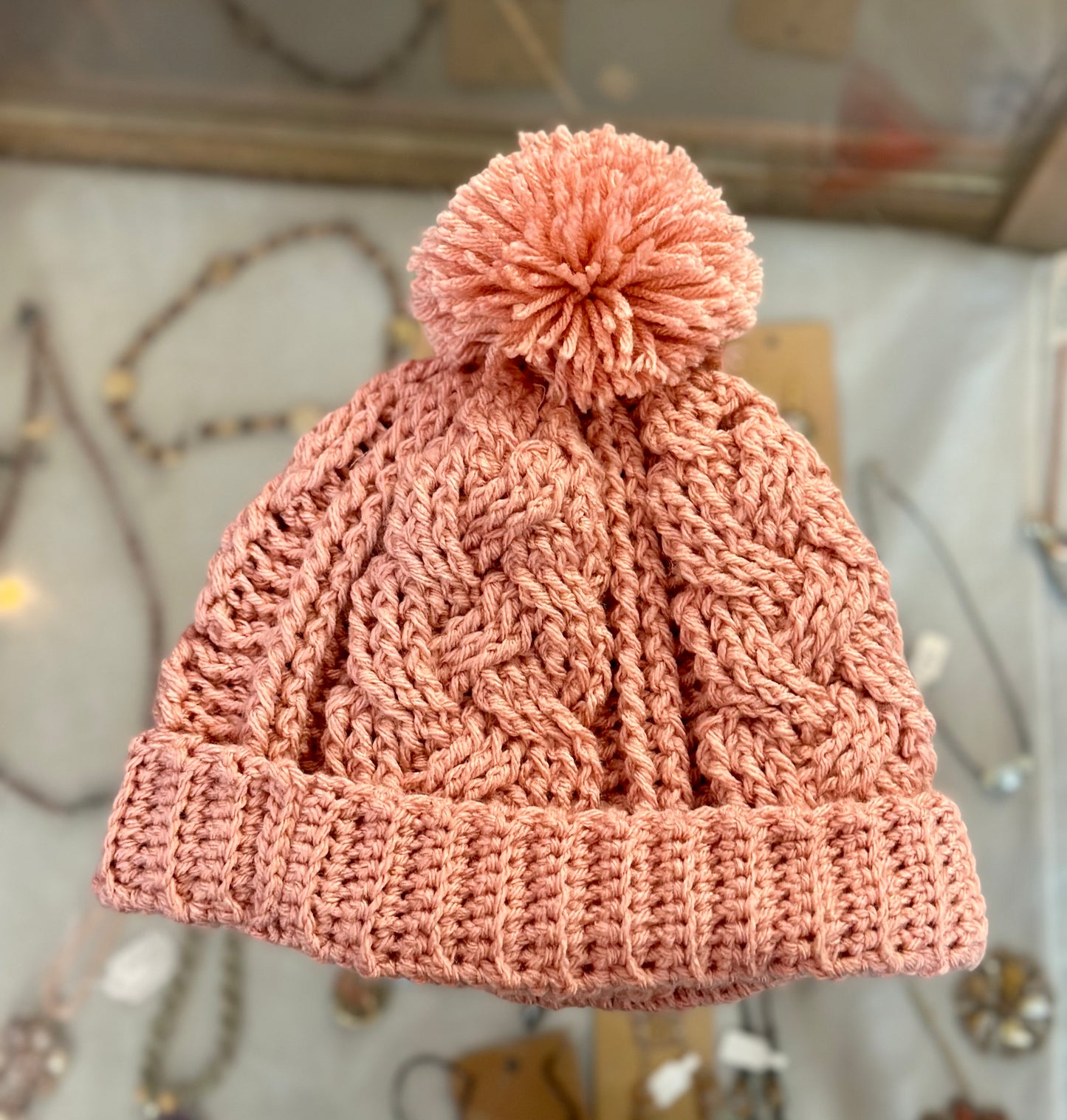 Pretty in Pink Crochet Cable hat with Pom Pom