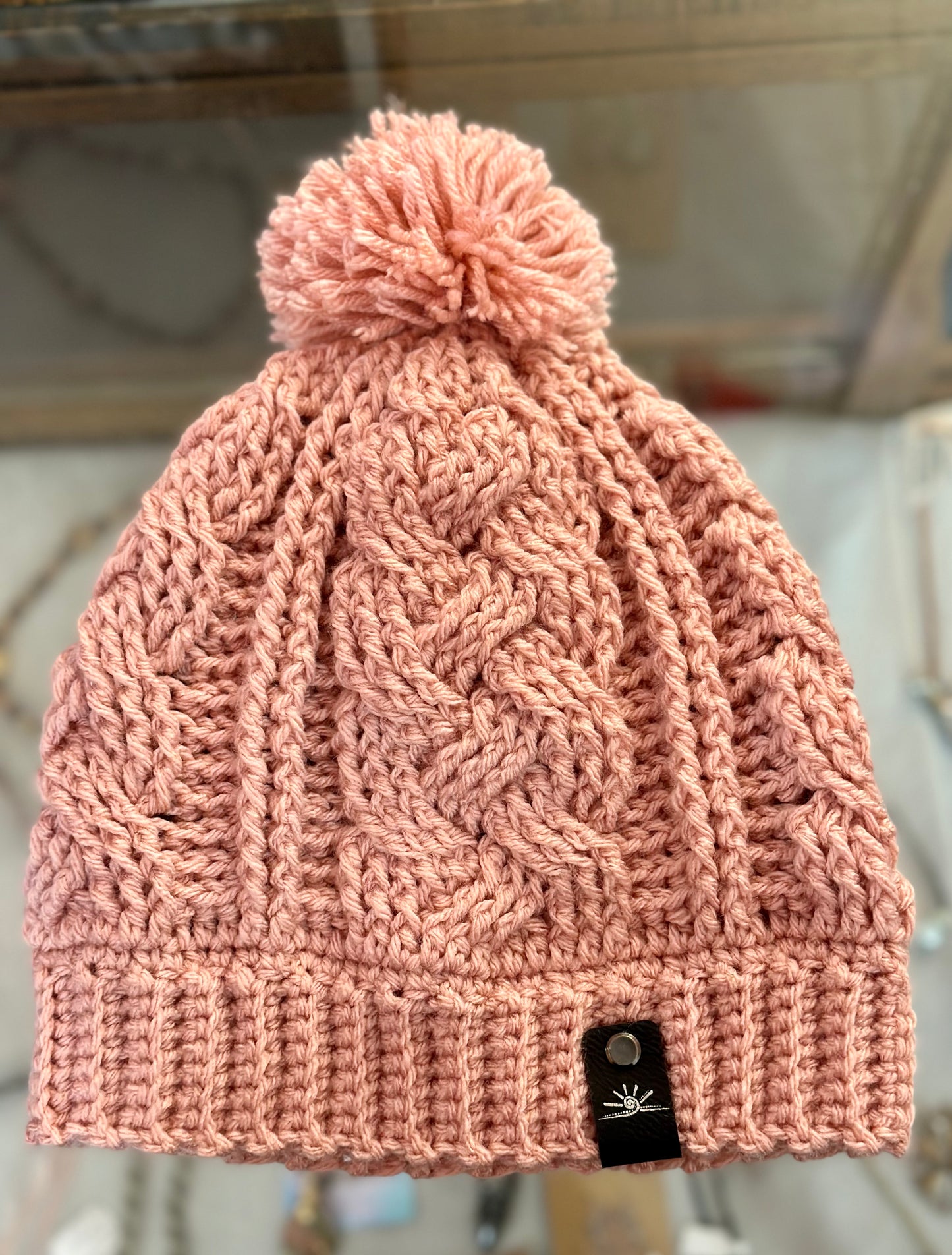 Pretty in Pink Crochet Cable hat with Pom Pom
