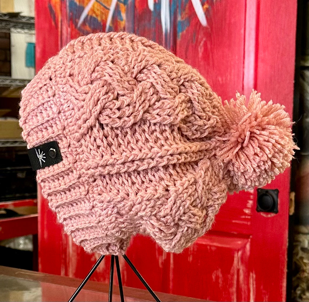 Pretty in Pink Crochet Cable hat with Pom Pom