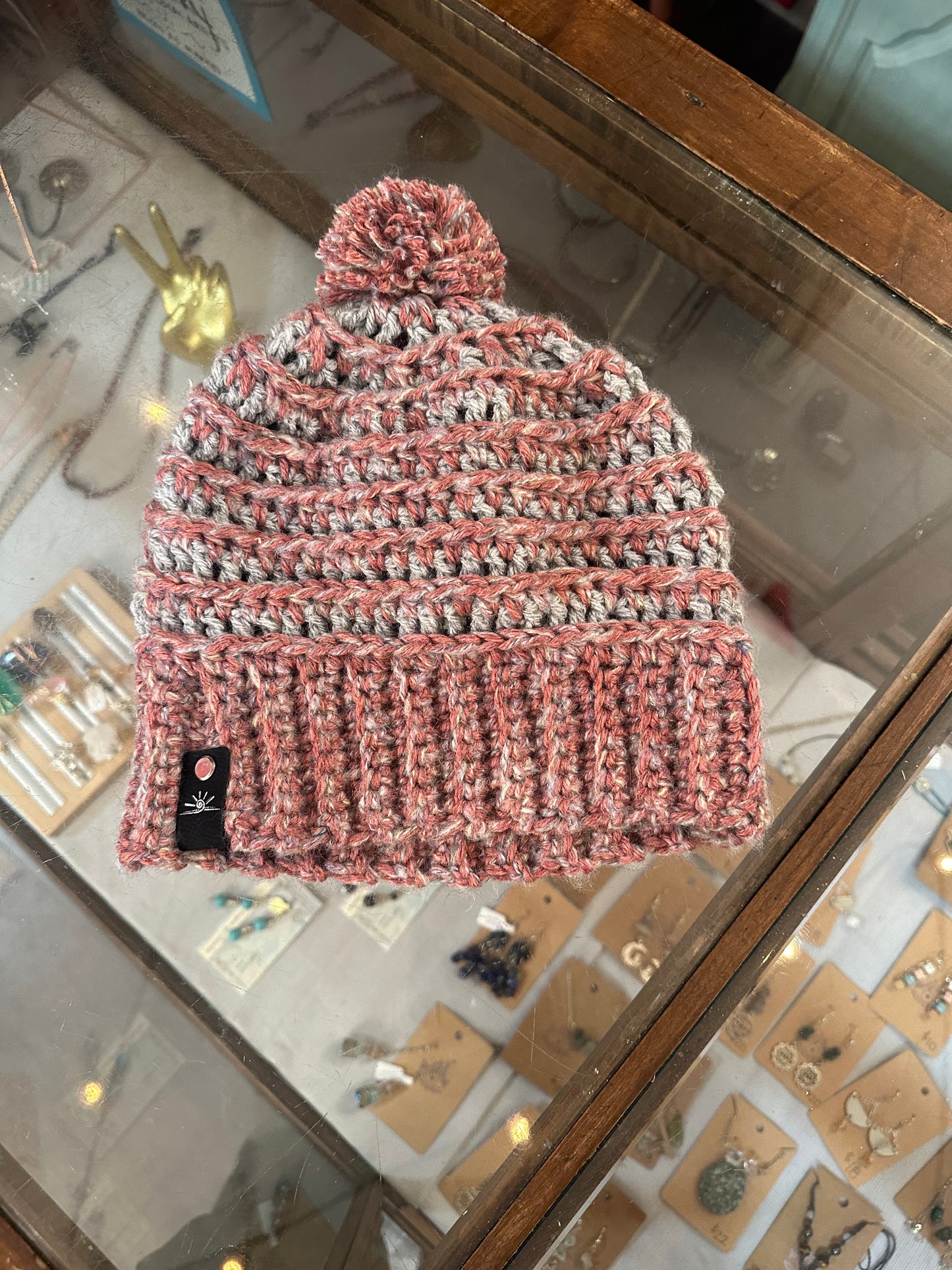 Pink and silver Pom Pom Hand Crochet Hat
