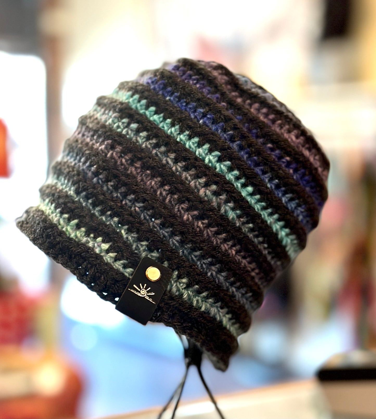 Charcoal Black and Blue dyed Yarn Crochet Hat