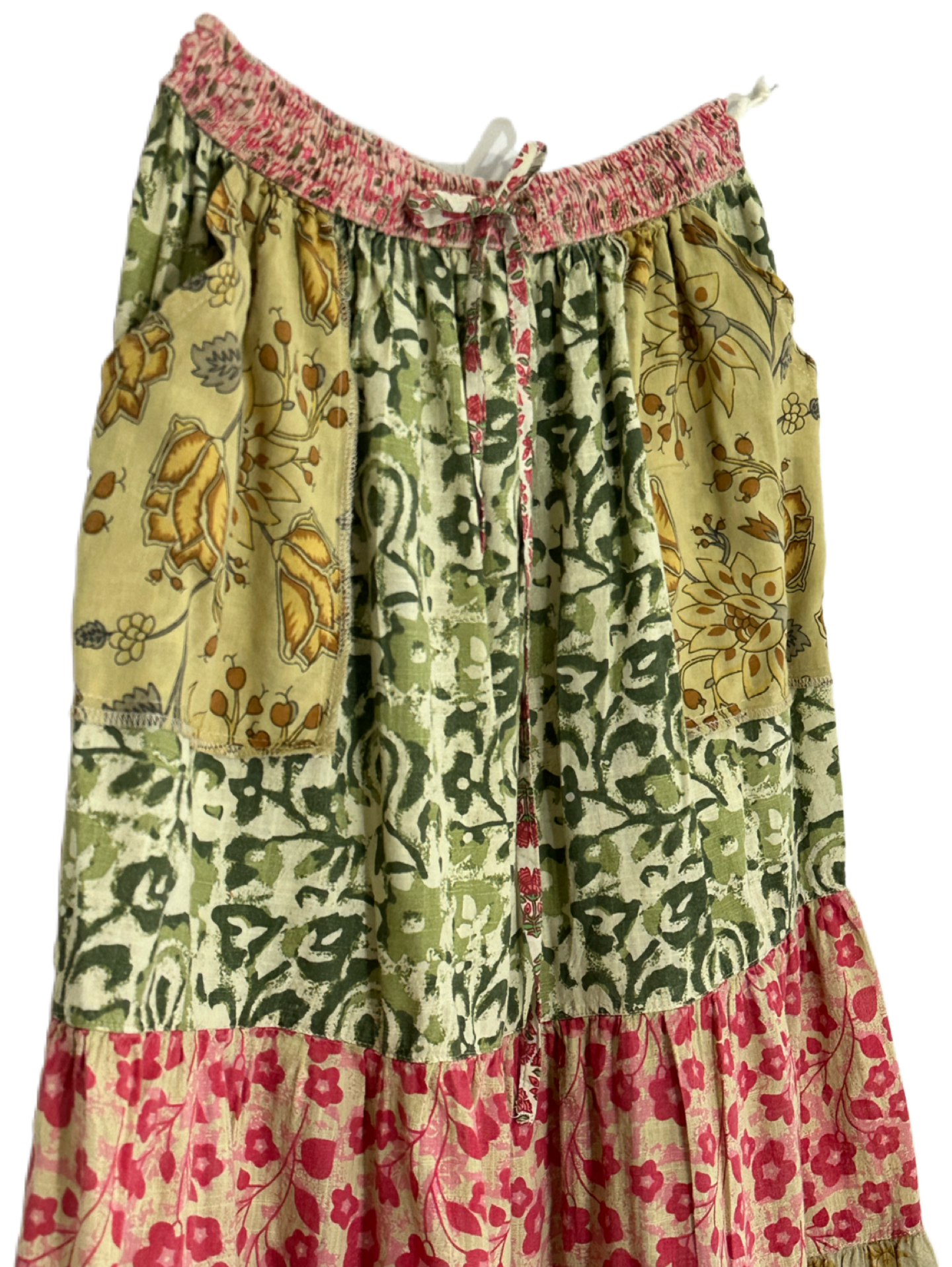 Two pocket tiered Cotton Skirt - Greens and Pinks