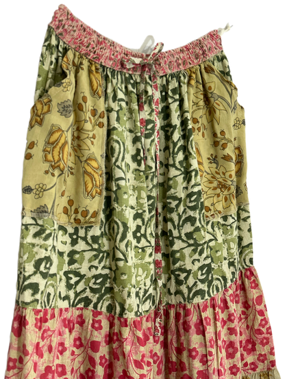 Two pocket tiered Cotton Skirt - Greens and Pinks