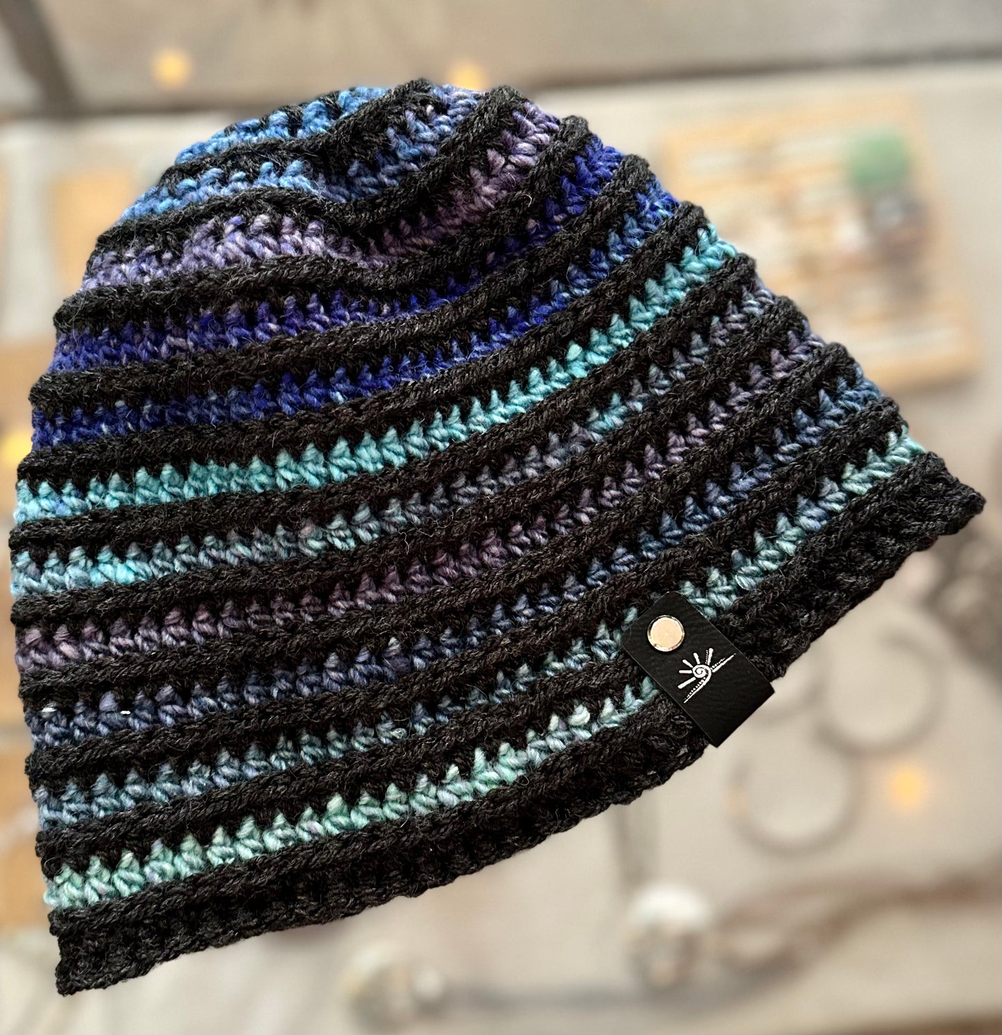 Charcoal Black and Blue dyed Yarn Crochet Hat