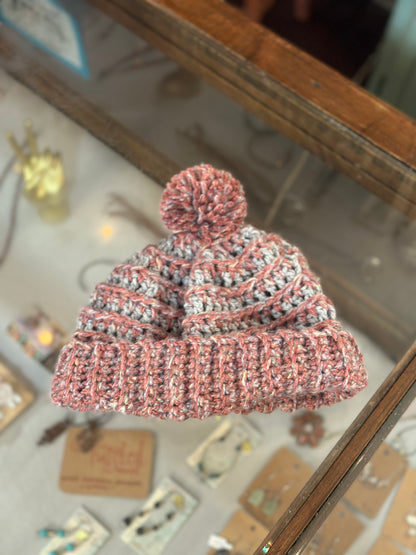 Pink and silver Pom Pom Hand Crochet Hat