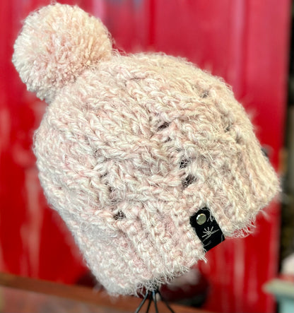 Soft and furry pink cable pom pom Crochet Hat