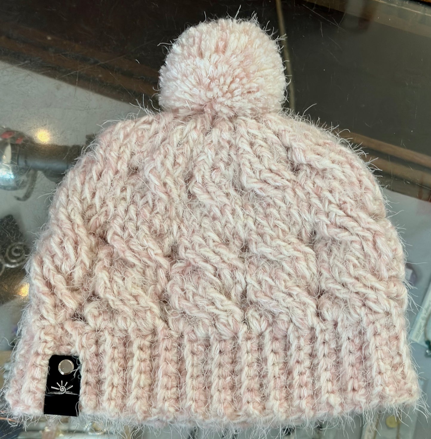 Soft and furry pink cable pom pom Crochet Hat