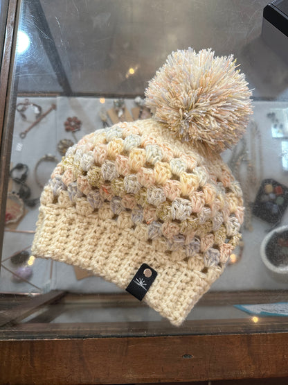 Colorful neutrals Pom Pom crochet hat