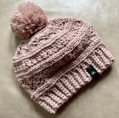 Dusty Pink Pom Pom Hand Crochet Hat