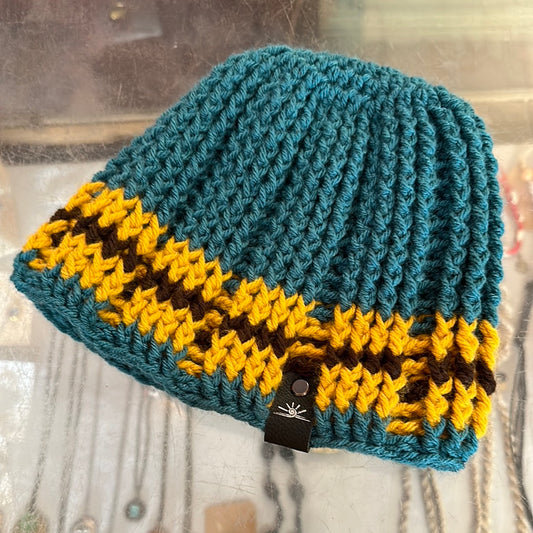 Teal and Mustard ribbed knit stitch Hand Crochet Hat