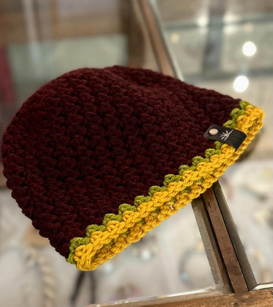 Maroon, avacado and gold Hand Crochet Hat